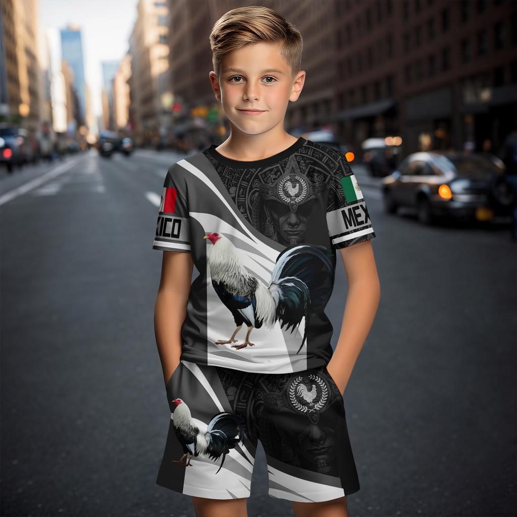 Детский повседневный топ из двух предметов с короткими рукавами и шортами с 3D принтом «Мексиканский петух» для мальчиков и девочек 4–14 лет, детский костюм