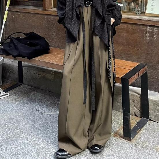 Мужские брюки широкие штанины до пола однотонные с глубоким шаговым швом свободные ретро