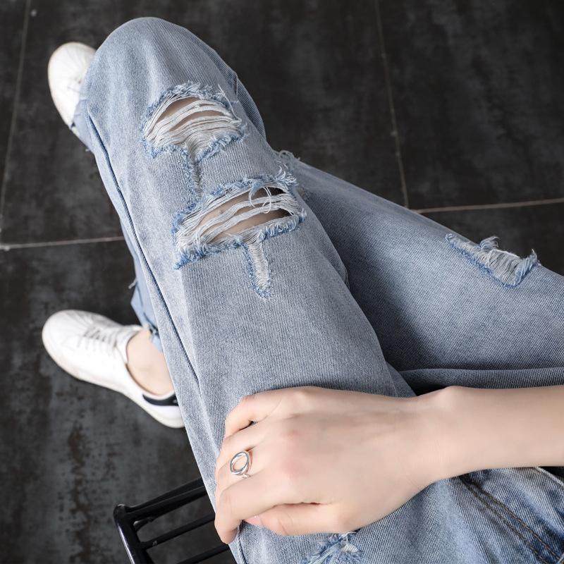 Рваные джинсы-девятиточки женские свободные летние тонкие с высокой посадкой прямые брюки