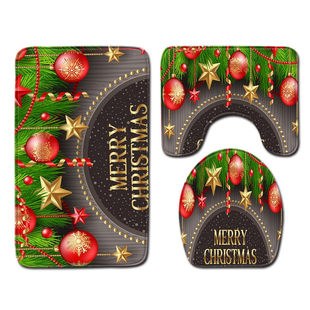 Christmas Shower Curtain Floor Mat Combination Four-Piece Set Bathroom Toilet Carpet Shower Room Mat Foot Mat