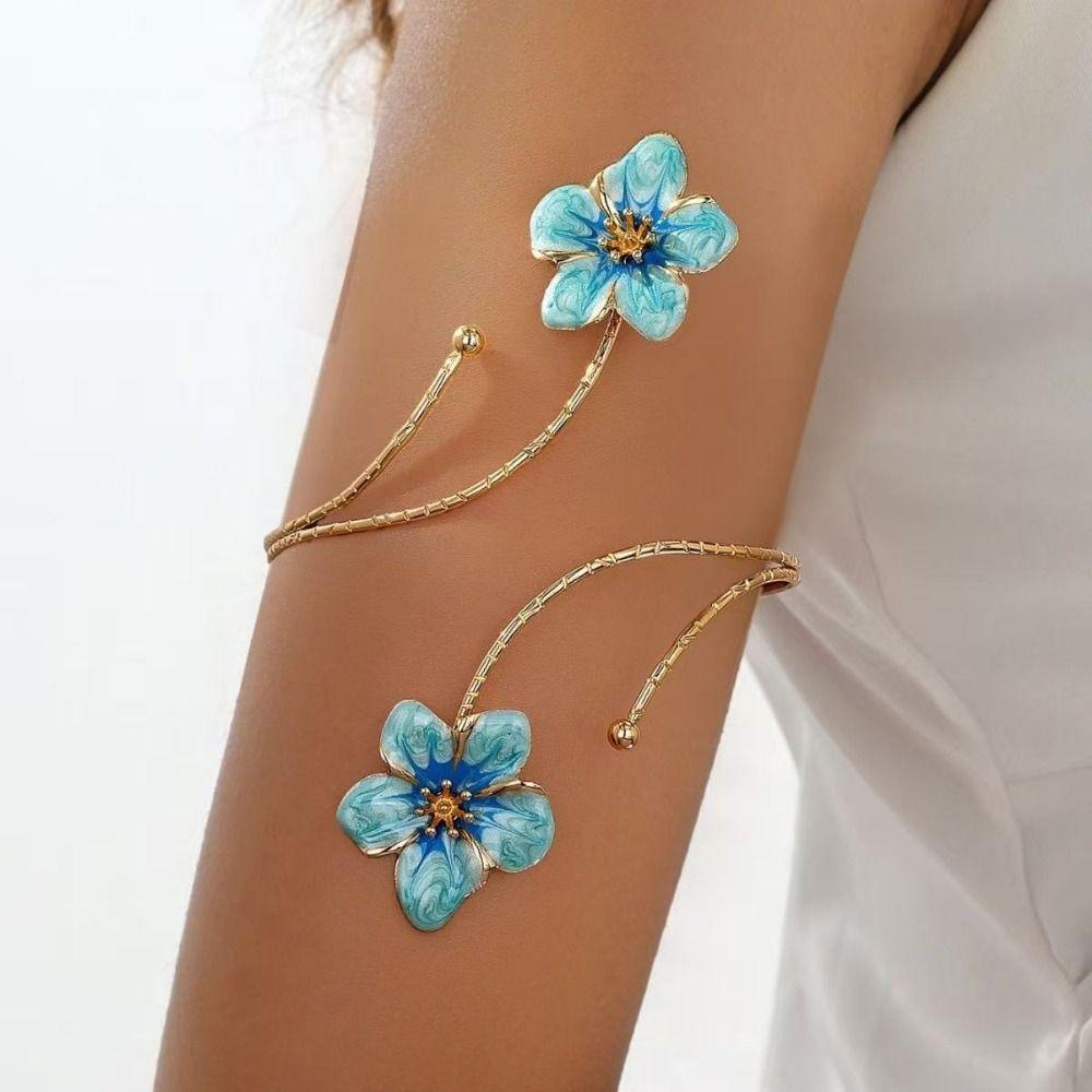 White Floral Open Cuff Armlet Metal Flower Cuff Arm Ring Vintage Butterfly Flower Arm Cuff  Jewelry