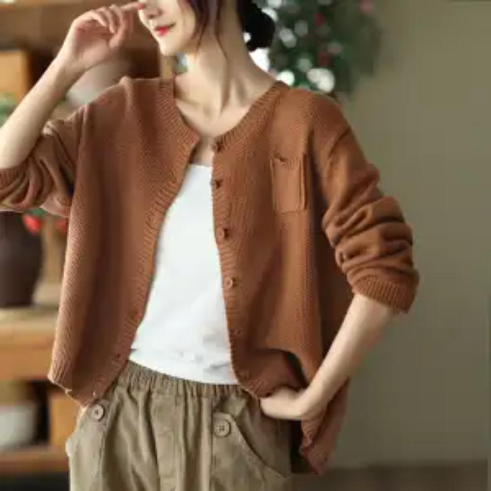 New Spring and Autumn Fashion Simple Round Neck Art Retro Knitted Cardigan Sweater Temperament Commuter Outwear Women's Top