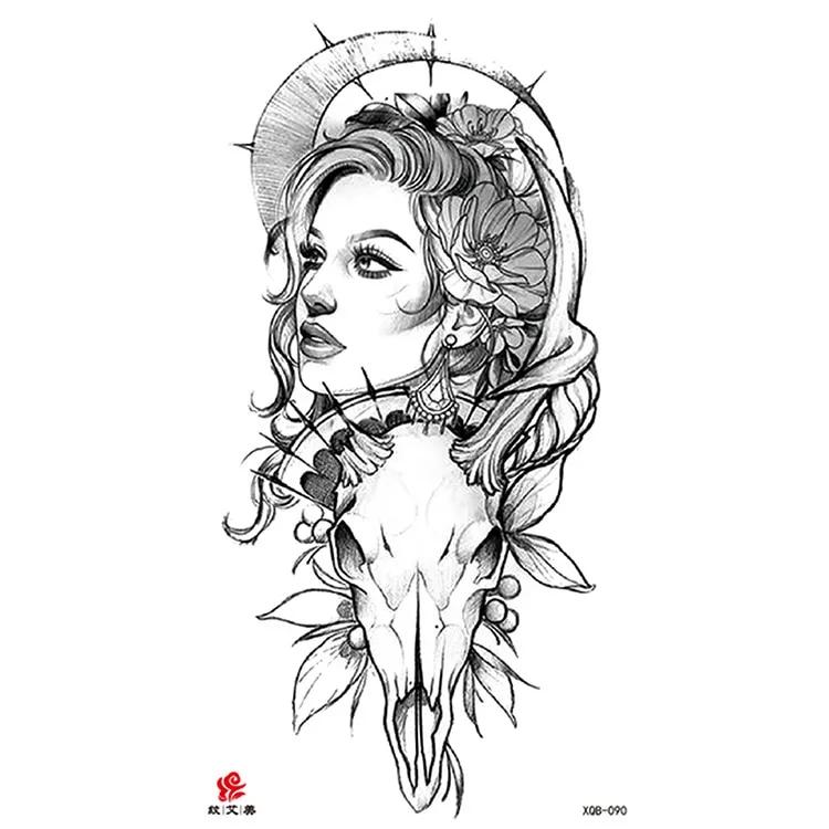 Маленькая водонепроницаемая временная татуировка на всю руку с головой волка, тигра и цветка, наклейка для боди-арта, рука для мужчин и женщин