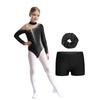 Girls Gymnastics Dance Outfit Set Long Sleeve Keyhole Back Sheer Mesh Patchwork Sparkly Leotard Shorts Hair Band