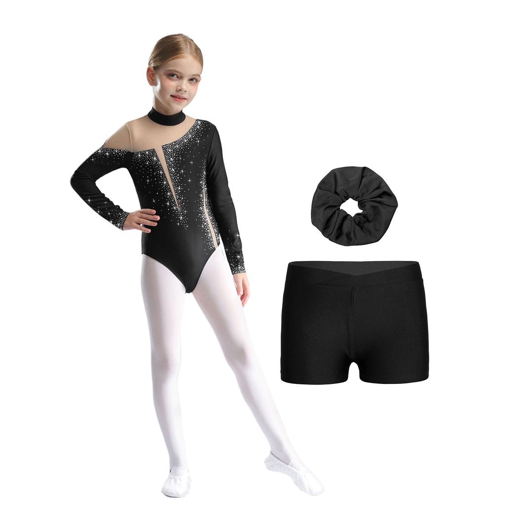 Girls Gymnastics Dance Outfit Set Long Sleeve Keyhole Back Sheer Mesh Patchwork Sparkly Leotard Shorts Hair Band