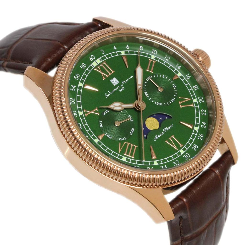 Salvatore Marra Moon Phase 5 ATM Water Leather Limited Pink Gold and Men's Multi-Calendar Watch, Resistant, Strap, Edition, Green, SM24110-PGGR