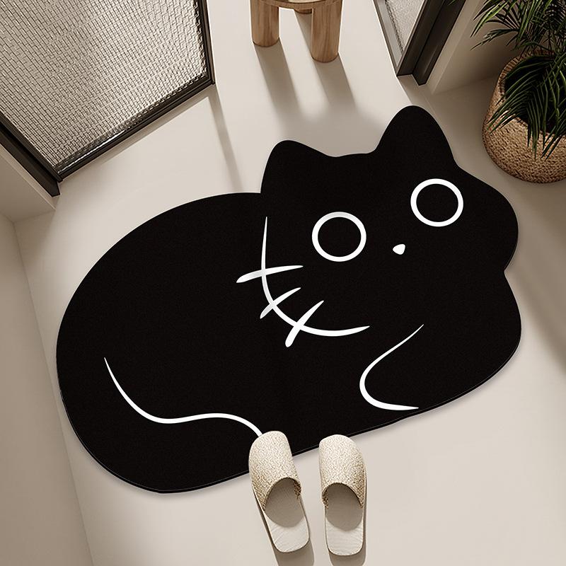 Diatom Mud Floor Mat Bathroom Water Absorption Quick-drying Foot Pad Cartoon Black Cat Dirty-resistant Anti-slip Pad Household Bathroom Entrance Mat