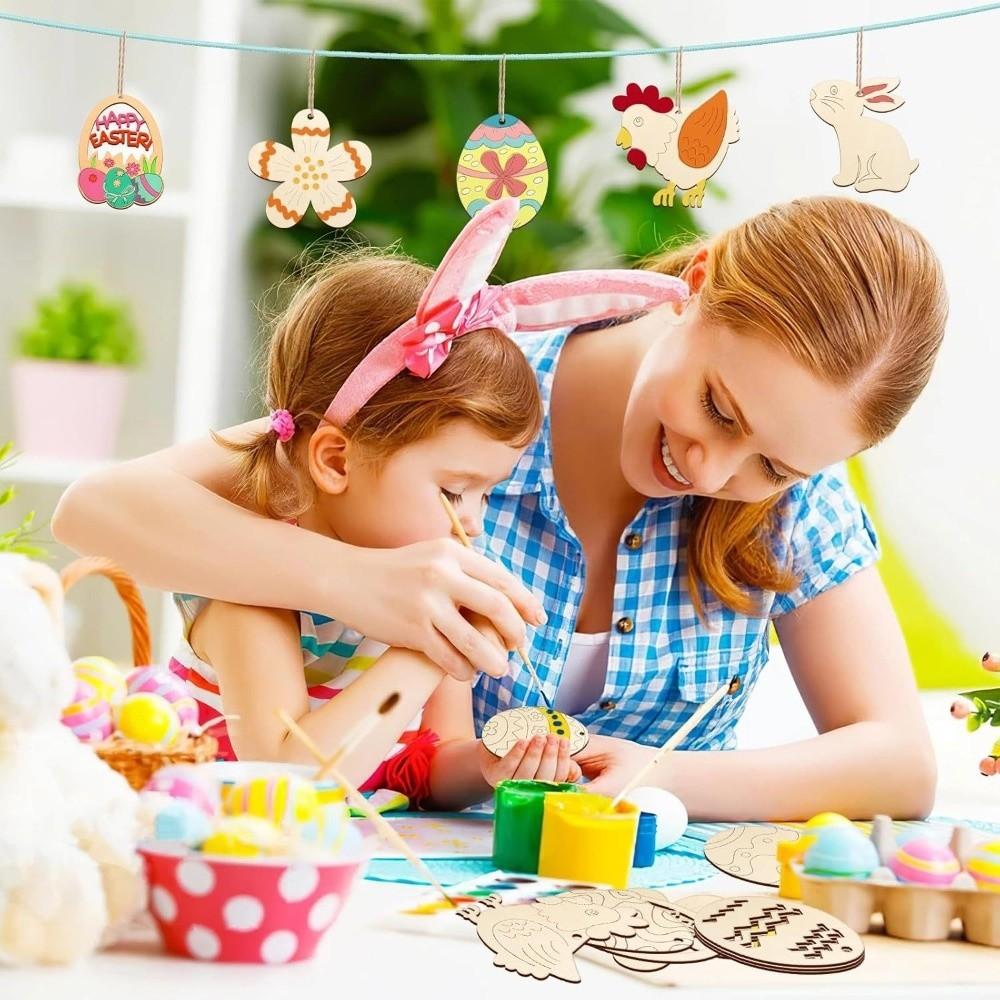 8 Pieces Unfinished Wooden Easter Egg Graffiti Painting Toy Easter Painted Crafts Home Decor