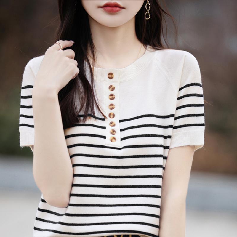 Женская вязаная футболка MODERN NEW SAGA, летняя вязаная рубашка, полосатые футболки с короткими рукавами, пуловер с круглым вырезом, вязаные топы