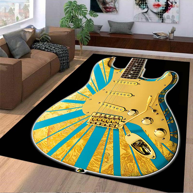 Golden Guitar with Blue Rays suitable as a non-slip mat for the living room or bedroom sofa