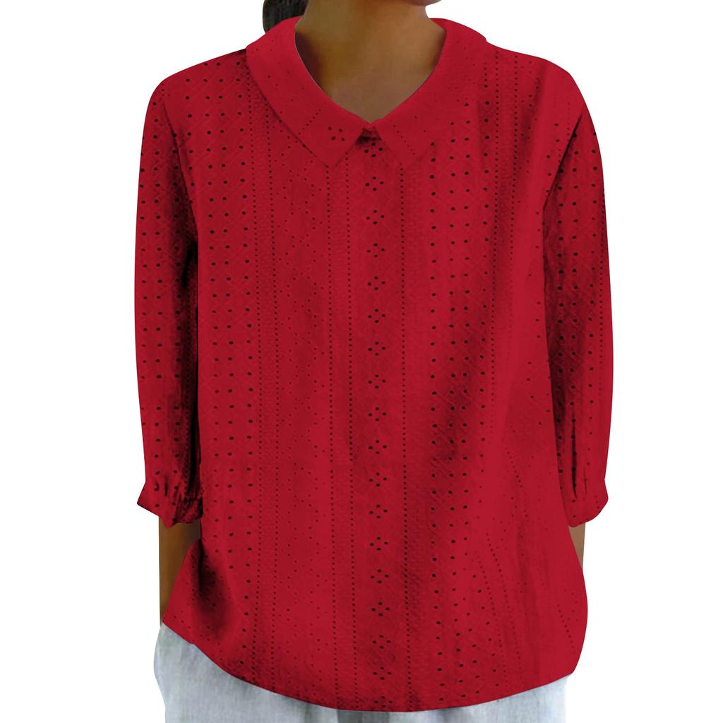 Рубашки на пуговицах для женщин с кружевным воротником и люверсами, рукав 3/4, однотонные, повседневные, свободные, удобные, повседневные, осенние