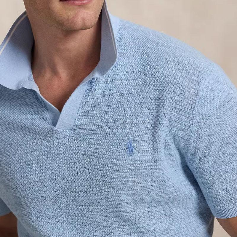 Polo Ralph Lauren Текстурированный трикотажный топ с коротким рукавом, цветной блок, V-образный вырез, мужской, топы, Рабочий-синий, MNPOSWE1N820060-400