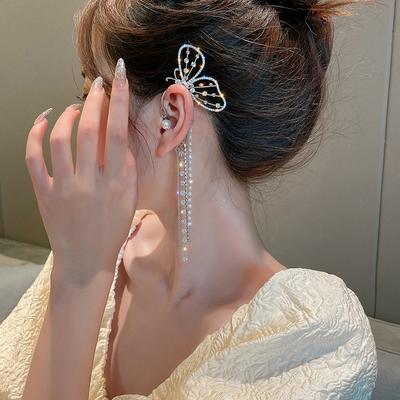 Модные серьги-клипсы с кристаллами и бабочками, жемчужные бусины, серьги-каффы с длинными кисточками, полые серьги-клипсы для женщин, ювелирные изделия, подарки