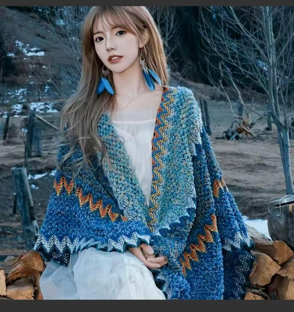 Женская вязаная шаль-накидка в этническом стиле - Верхняя одежда, вдохновленная путешествиями по Юньнаню, Сычуани, Тибету и Синьцзяну