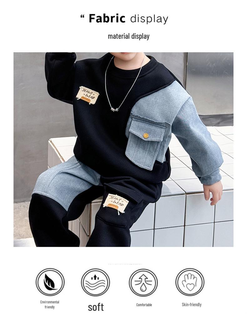 Весна Осень 2025 Комплект из флисового денима в корейском стиле для мальчиков