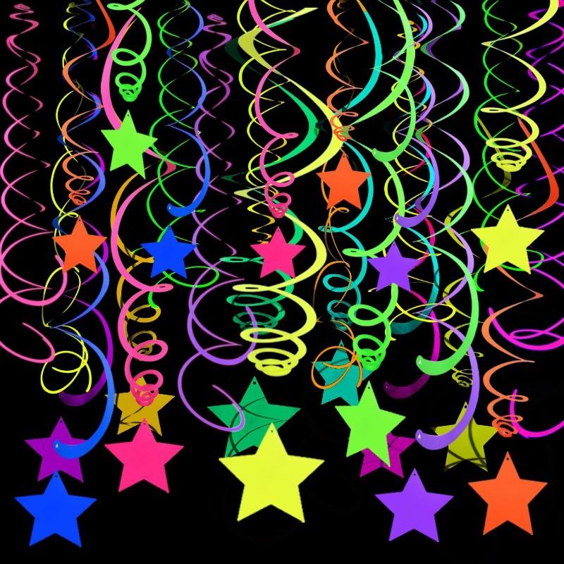 20pcs Luminous Party Decor Hanging Swirl Neon Streamers Garland Ceiling Decor Glow in The Dark Neon Black Light Party Supplies 5