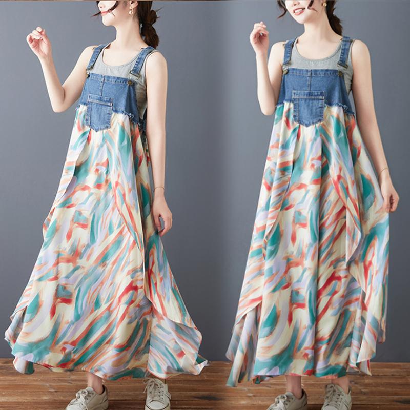 DIMANAF 2025 New Summer Women Plus Size Loose Vintage Printing Dress Basic Denim Spliced Sundress Casual Long Dress