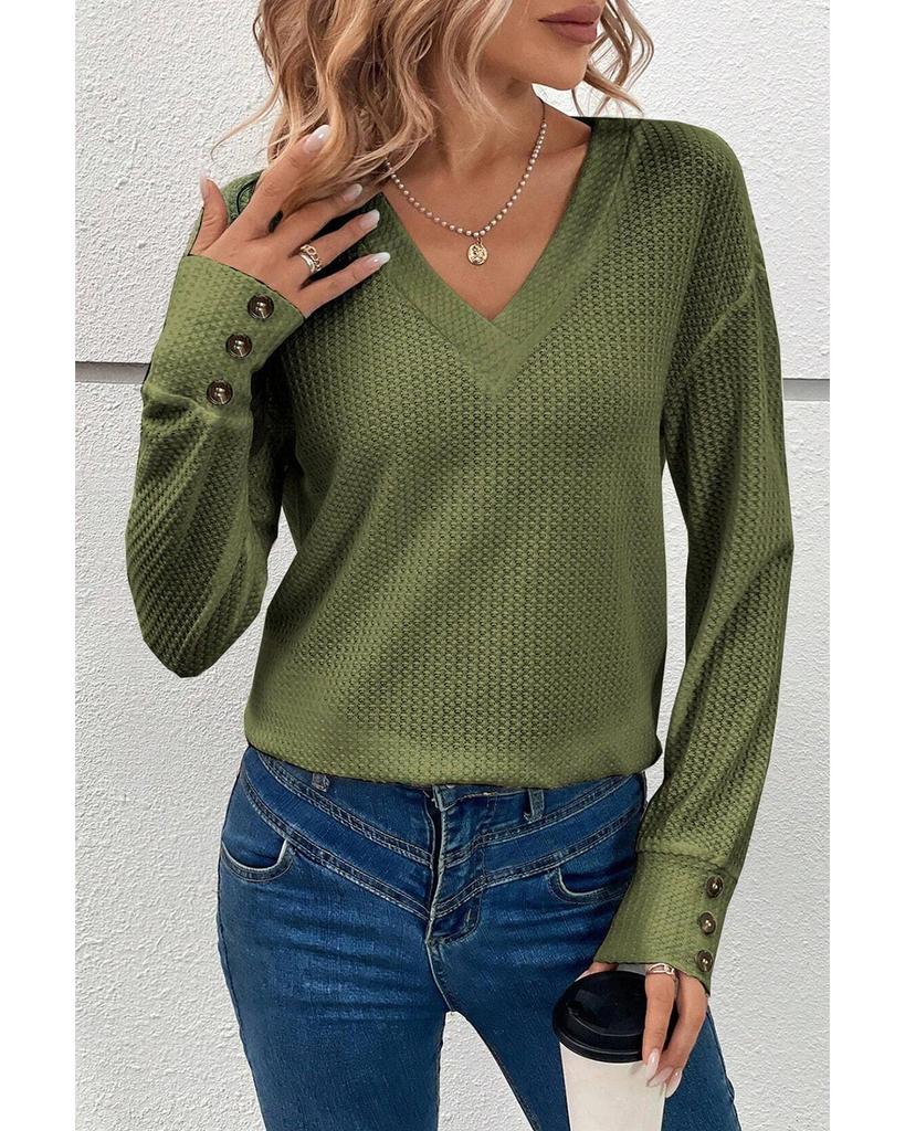 Azura Exchange Jungle Green Textured Knit V Neck Button Cuffs Long Sleeve Top