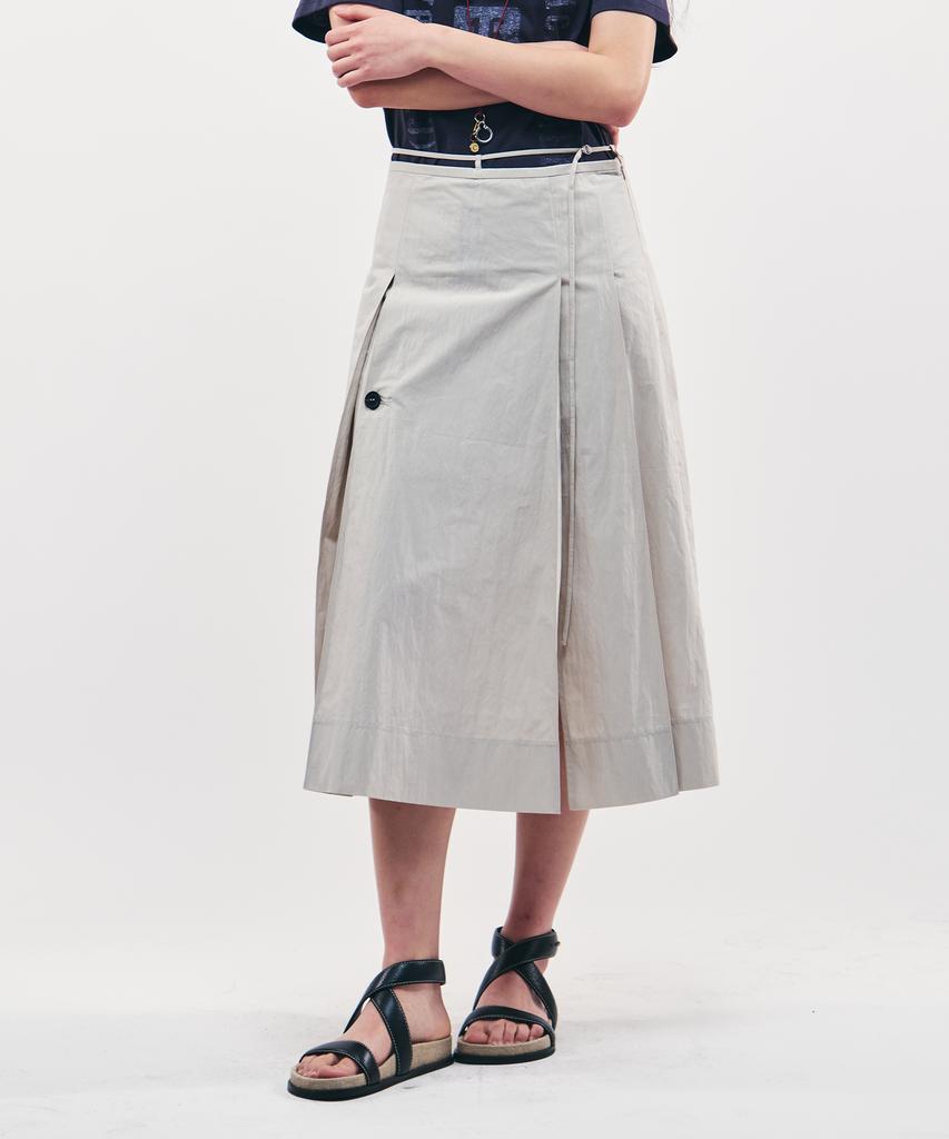City Breeze Cotton Pleated Belted Long Skirt_Light Grey