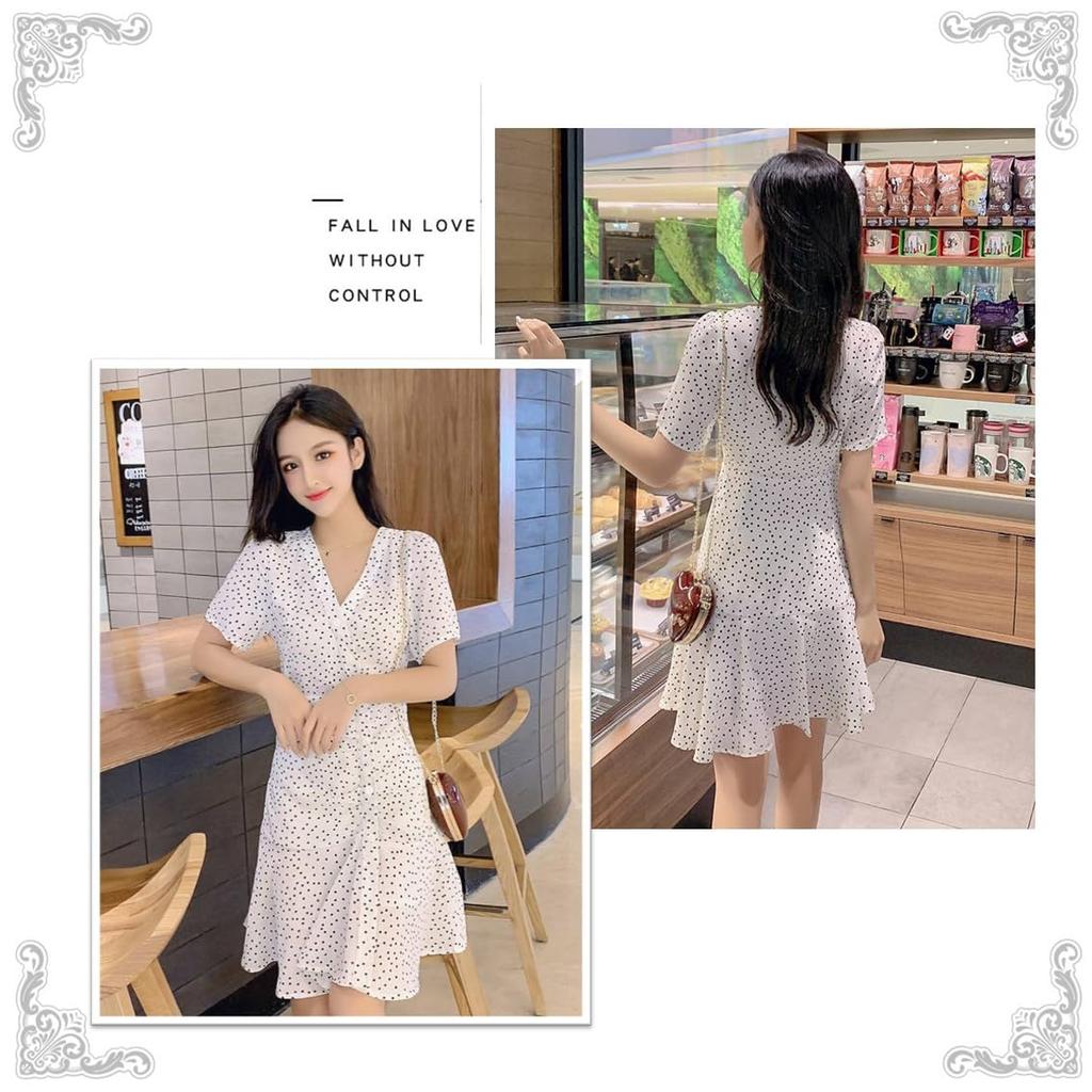 АКВА Морской Шифон Мини В горошек Короткое Мини Летнее Корейский Курортный Стиль Женское Платье, Принт, Рукава, Длина, А-силуэт, V-образный вырез, Расклешенное, Носить, Прохладное,