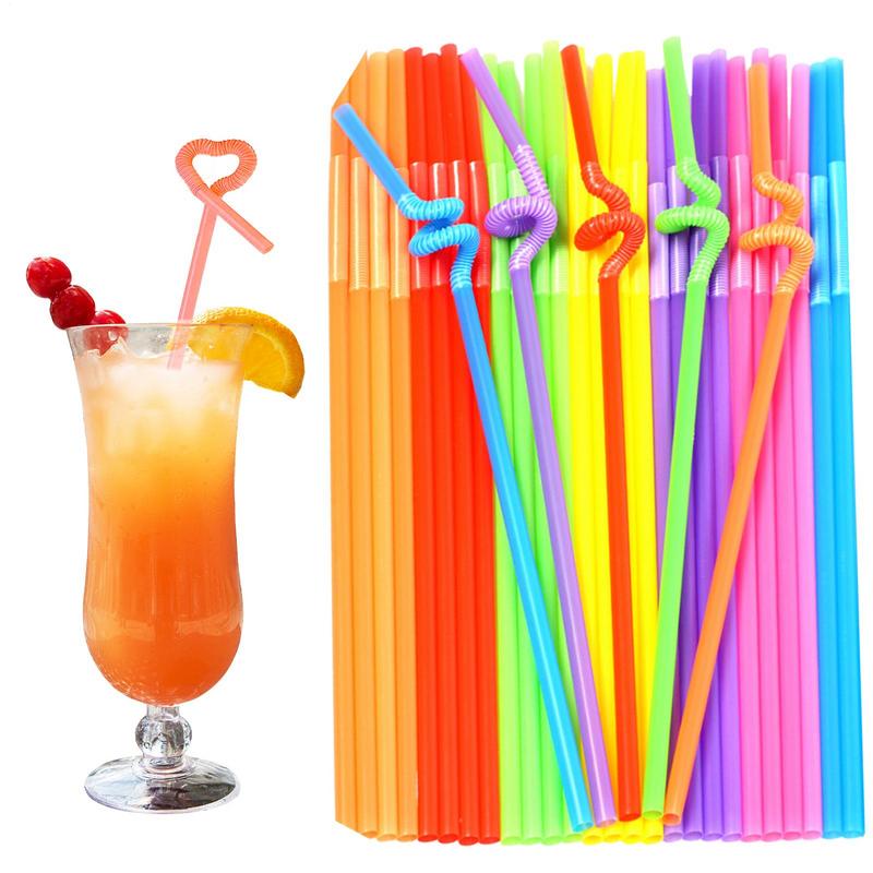100Pcs Disposable Plastic Straws Colorful Party Events Drinking Straws Flexible Straws Stirrers Tube Straw Bar Accessories