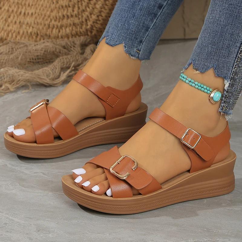 Fashion Buckle Design Wedge Platform Sandals Woman Ankle Strap Thick Bottom Sandles for Women Summer 2025 Non Slip Rome Sandalias Mujer