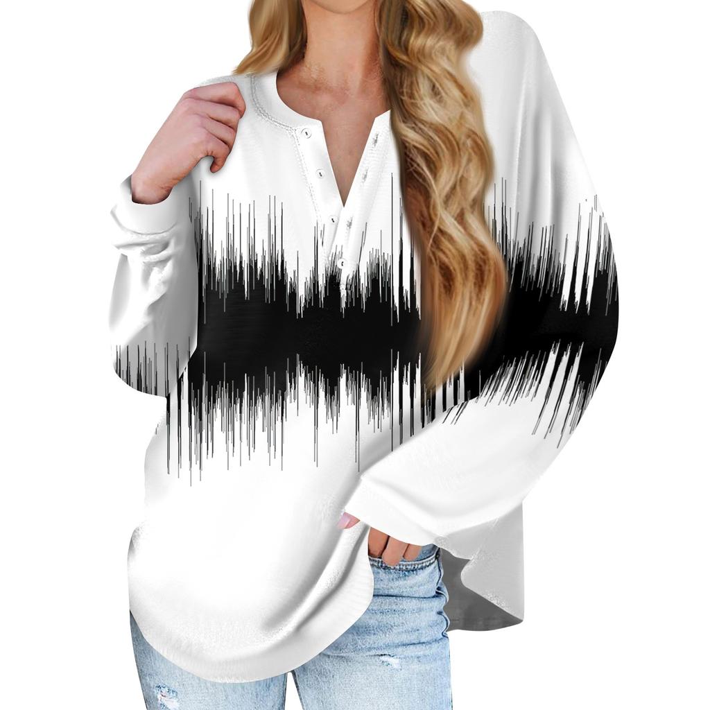 Women's New Button Collar Fashion Printed Long Sleeves T-Shirt Slim Top Casual Tops