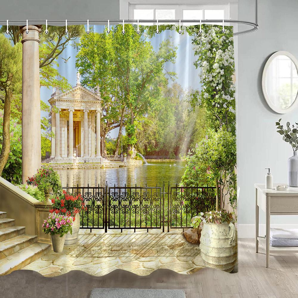 Italian Street View Shower Curtain Vintage Town Arch Floral Plant European Style Scenery Home Bathroom Curtains Decor with Hooks