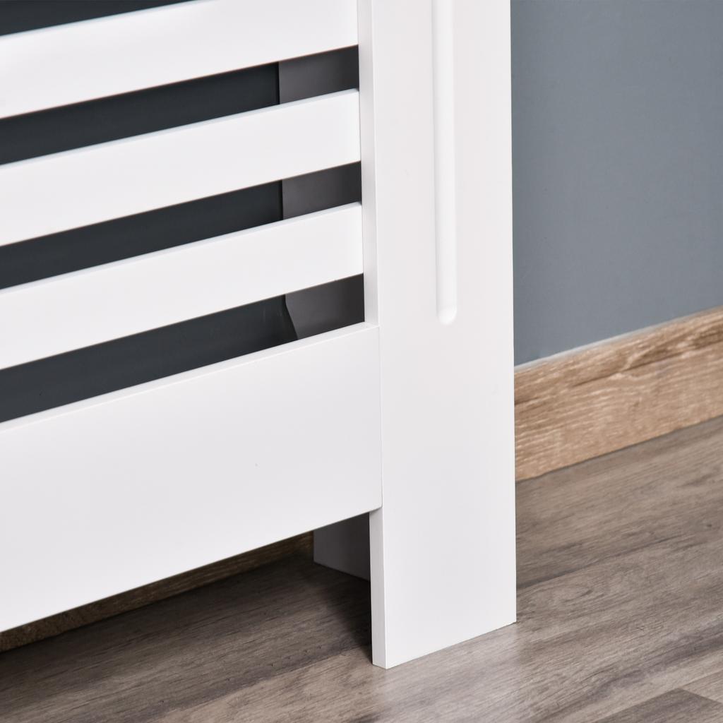 White Wooden Radiator Cover for Radiators and Heaters, Modern Radiator Cover with Anti-Tip, Slats and Support Surface, 112x19x81 cm