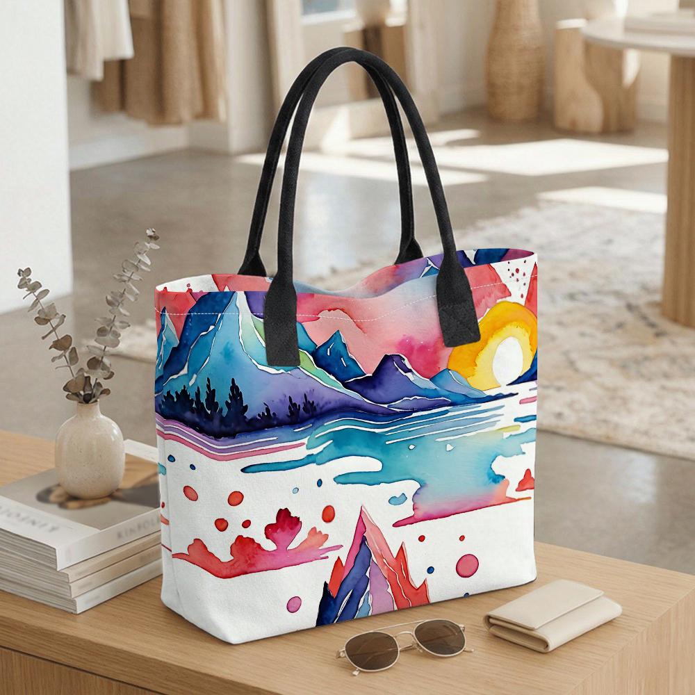 Watercolor Landscape Tote Bag Casual Large Capacity Shoulder Bag for Daily Use