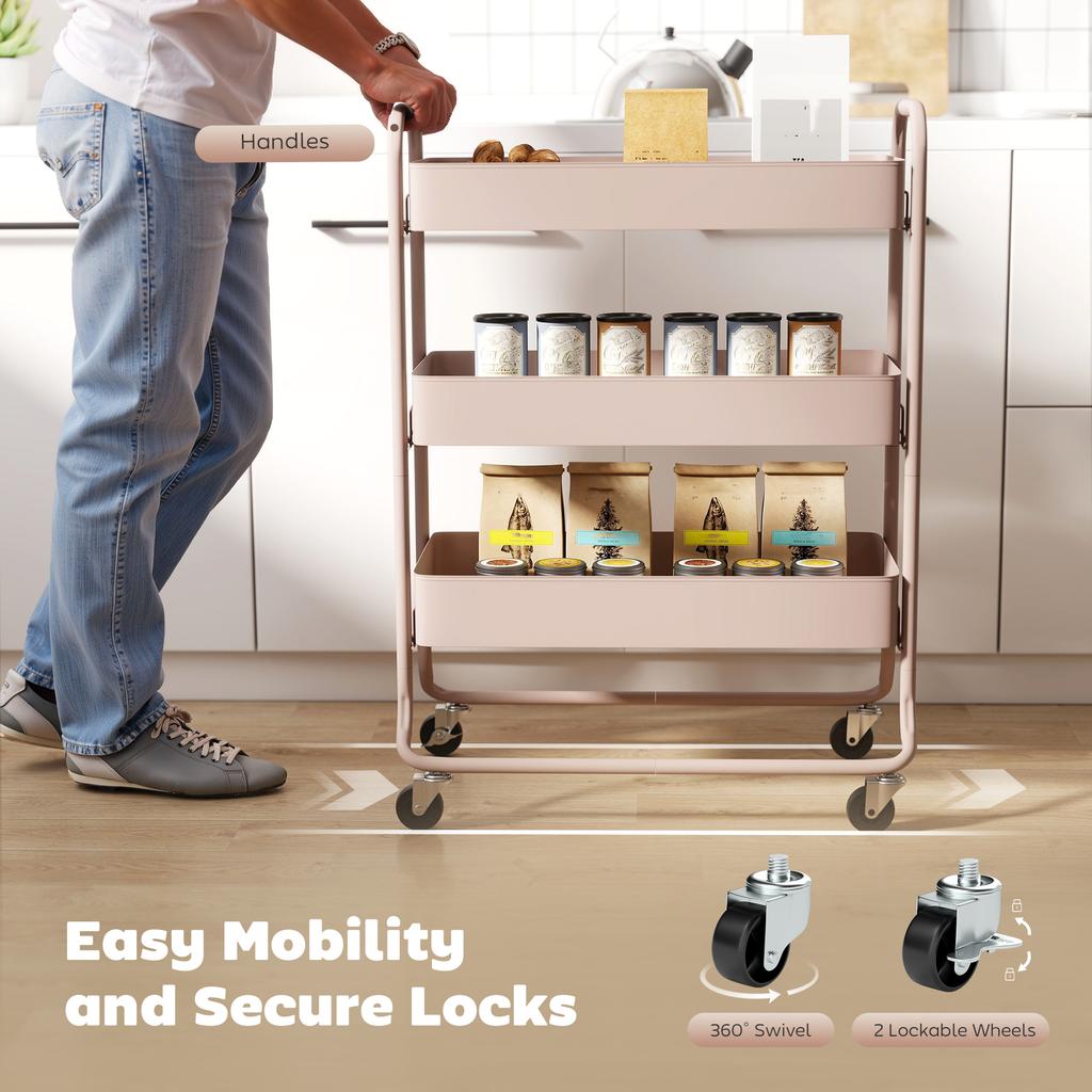 3 Tier Storage Trolley On Wheels Rolling Utility Cart With Mesh Baskets For Kitchen Bathroom Bedroom Light Pink