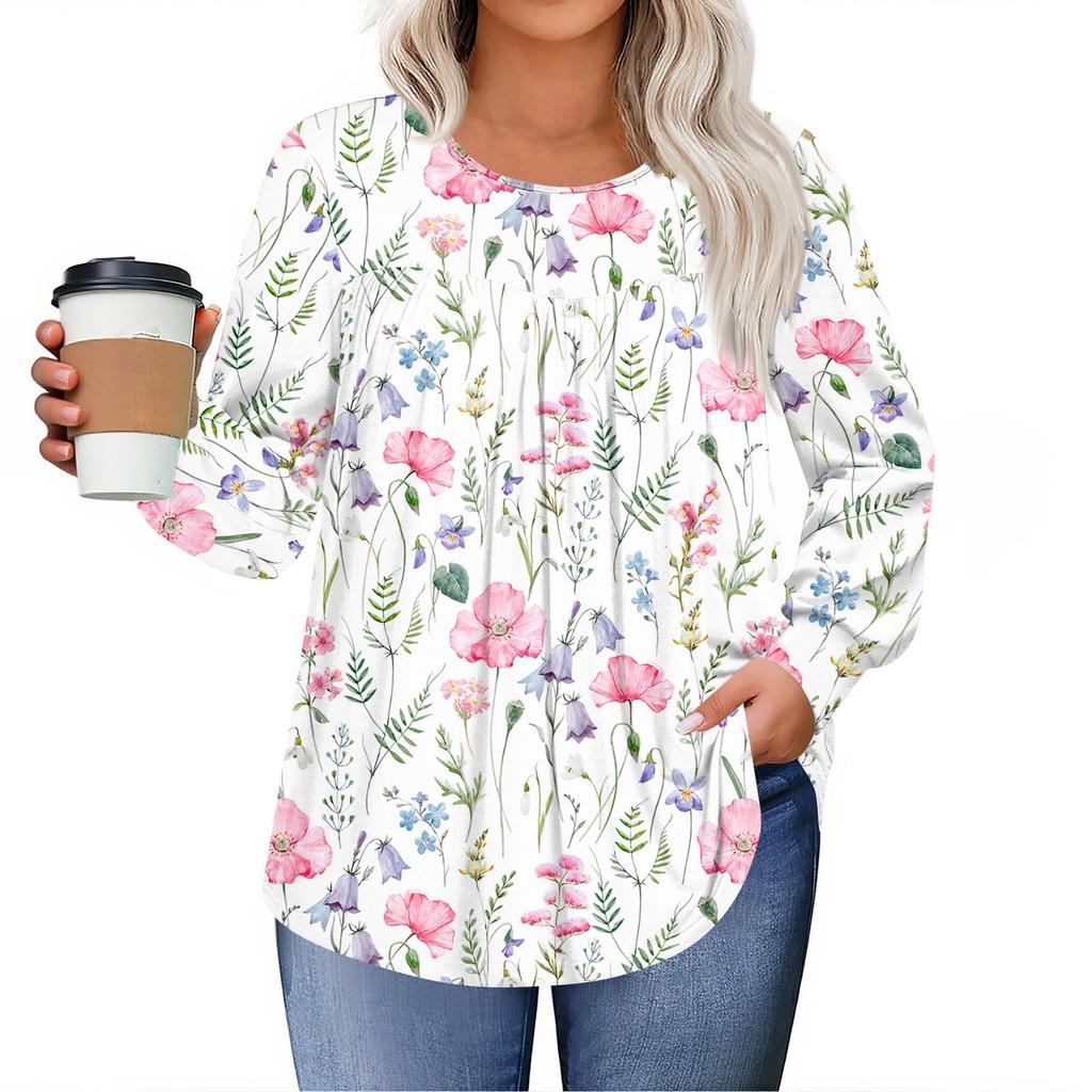 Womens Plus Size Tops Long Sleeve Shirts Round Neck Flowy Tunic Casual Loose Blouse L-5X