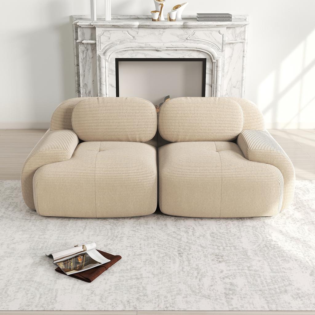 Loveseat Sofa Corduroy, Frameless, Combinable with Curved Armrests and Non-Slip Underside, High-Elastic Padding for Living Room, Bedroom, Beige