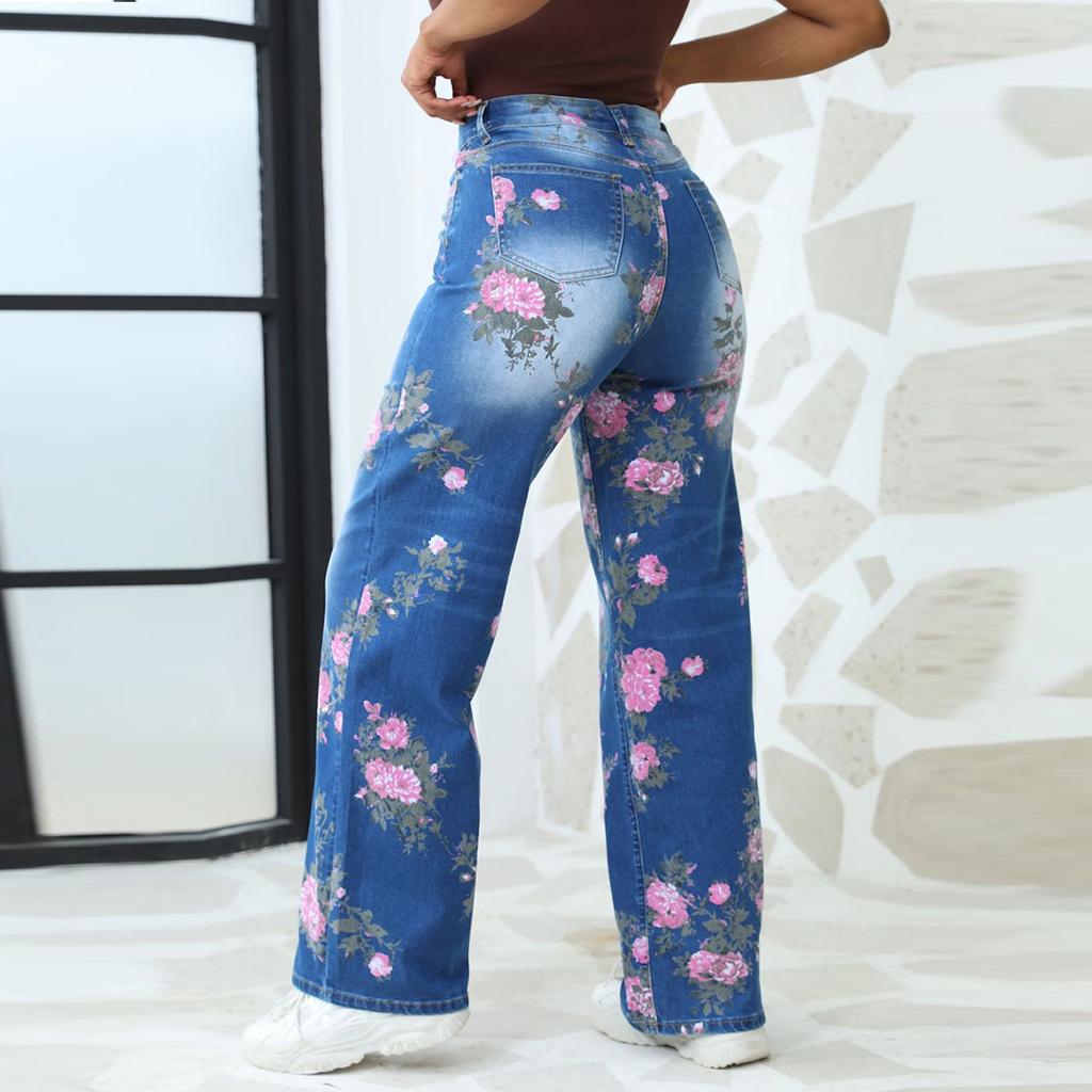 Синие цветочные карманы больших размеров, широкие брюки для женщин, джинсы