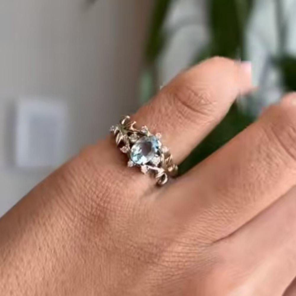 Роскошное новое позолоченное кольцо с аквамарином, креативное женское кольцо в форме листа, простое и модное