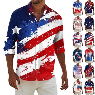 Мужская модная повседневная футболка с длинным рукавом и принтом «День независимости» на пуговицах, рубашка обычного кроя