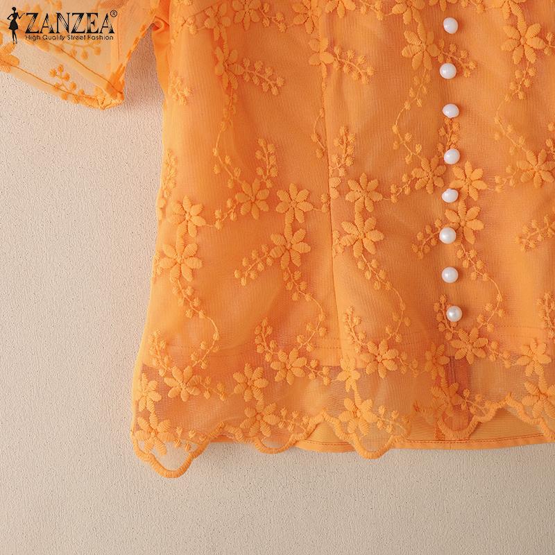 ZANZEA Женская повседневная блузка с воротником-стойкой и коротким рукавом, кружевная вышивка, пэчворк