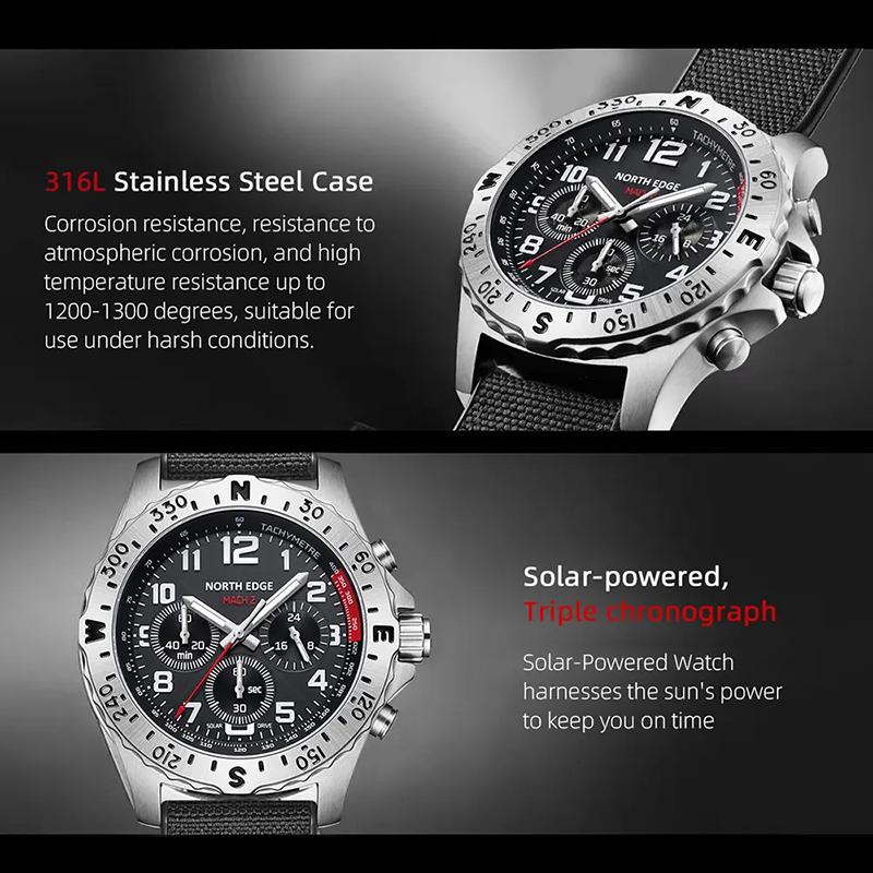 NORTH EDGE 2024 MACH 2 мужские часы на солнечной энергии 316 корпус из нержавеющей стали кварцевые часы для мужчин пилот водонепроницаемый 50M секундомер