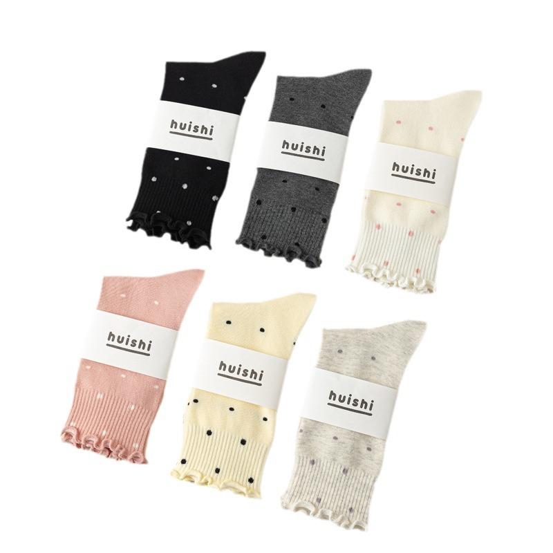 5/10 пар носков с фестончатым краем в форме ушей для женщин на весну-осень, в горошек, в стиле Instagram для девочек, милые носки до середины икры и носки-гольфы, впитывающие пот