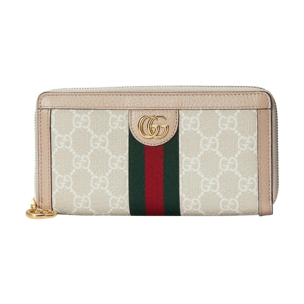 Gucci Ophidia GG Supreme Zip Around Wallet, Beige Canvas Beige Leather Trim, Women's Daily Travel Multiple Card Slots Long Holder 523154-UULAG-9682