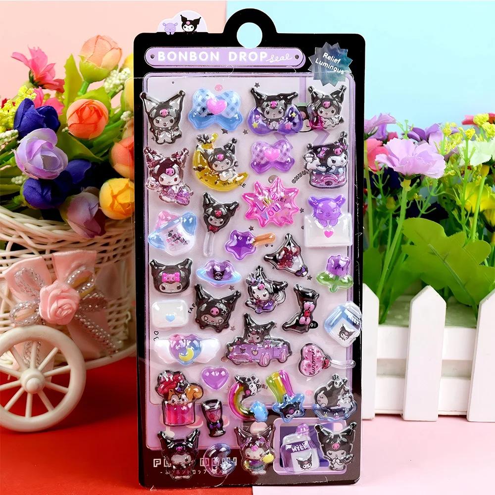 Cute Sanrio 3D Relief Stickers Kawaii Girls Kuromi Cinnamoroll My Melody Crystal Decals Decoration Sticker Packs