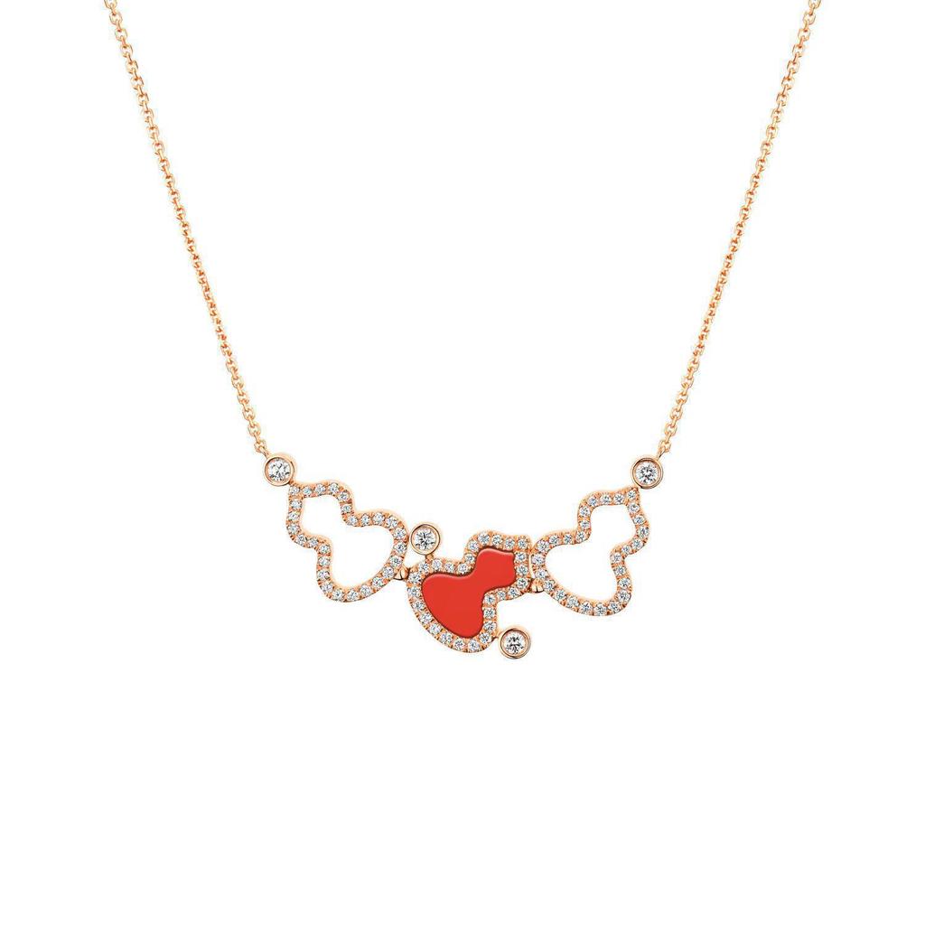 V Gold Exquisite Kylin Gourd Necklace, Medium Mother-of-Pearl & Red Agate, 18K Rose Gold CNC Carved.