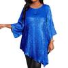 Women Tops Round Neck Ninth Length Sleeve Mid-length Blouse Sparkling Irregular Hem Loose Fit Tee Shirt Daily Wear