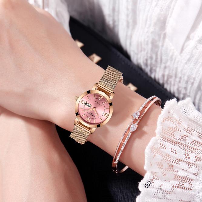 KINGNUOS кварцевые часы немеханические женские часы светящиеся водонепроницаемые двойной календарь женские наручные часы со стальным ремешком