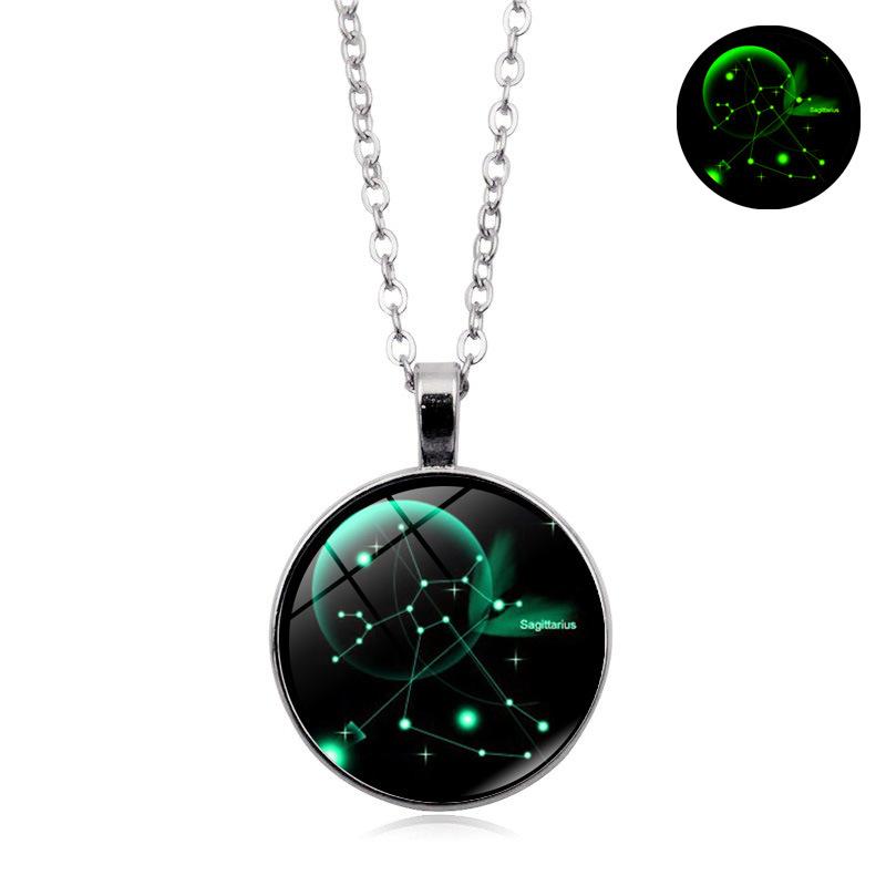 Glowing Zodiac Constellation Gemstone Pendant Necklace Vintage Versatile Sweater Chain Jewelry Accessory