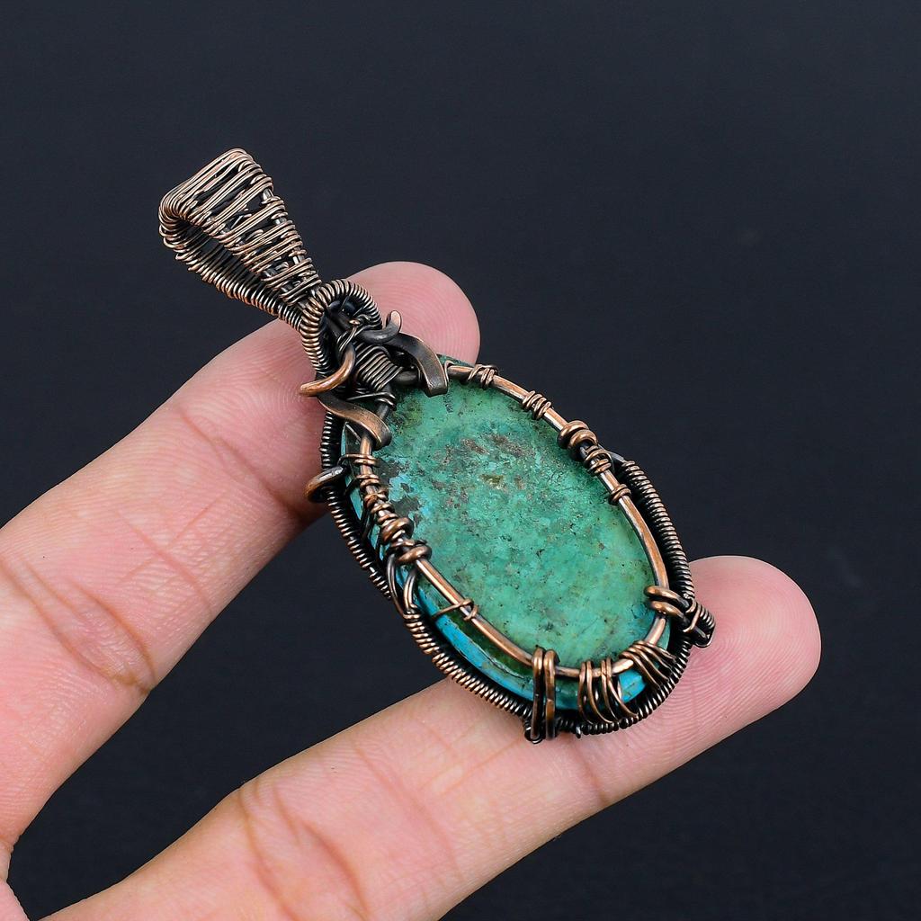 Tibetan Turquoise Pendant, 999 Copper Wire Wrapped Gemstone Jewelry, Handmade Pendant, For Thanksgiving