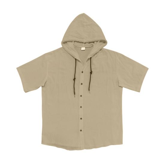 Men's Linen Hooded Shirt Solid Color Short Sleeve Shirt Loose Fit Button