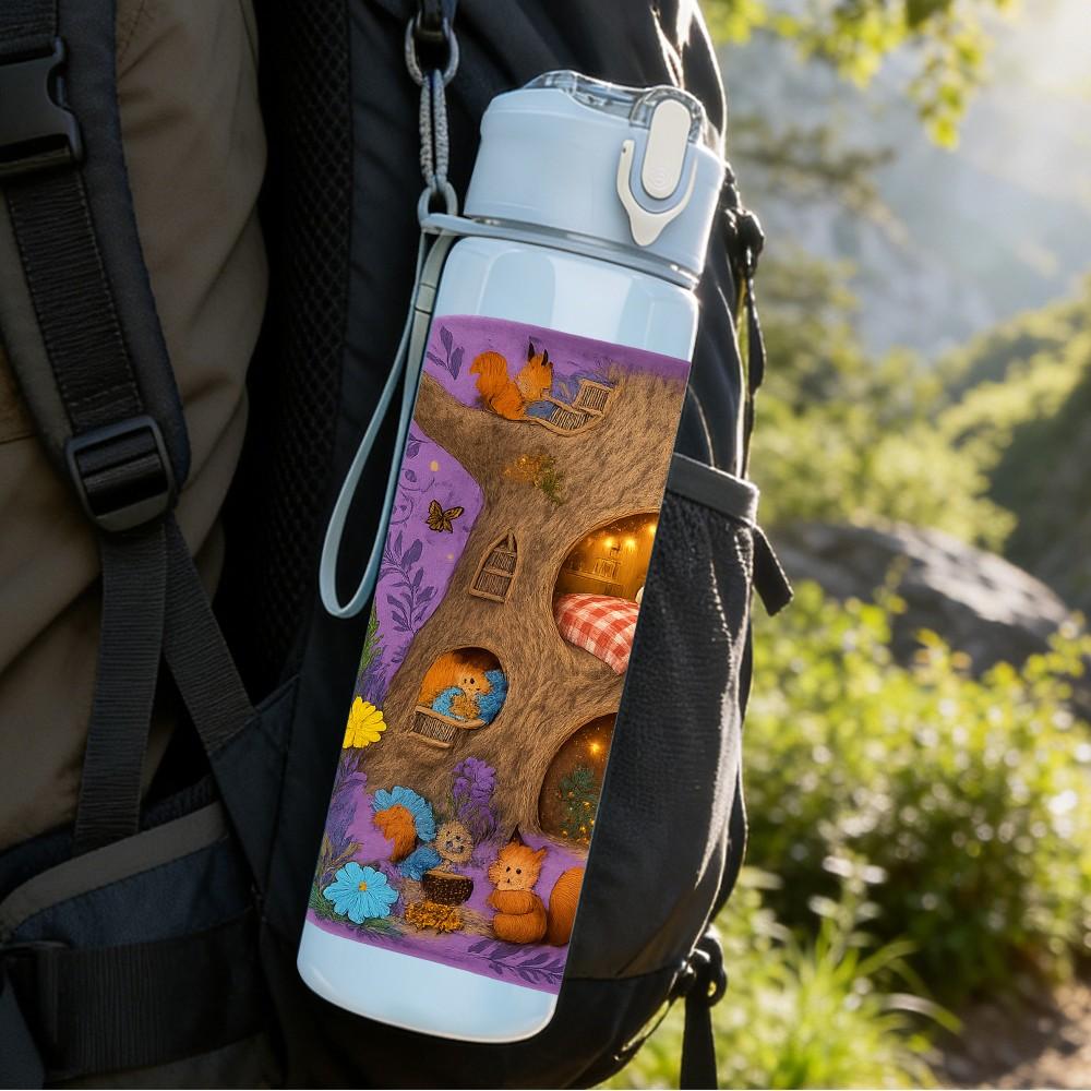 1PC Fairy Girl Mushroom House Art Print 750ml Color Plastic Sports Water Bottle Leakproof Flip Straw Lid Suitable for Sports Office Home Use