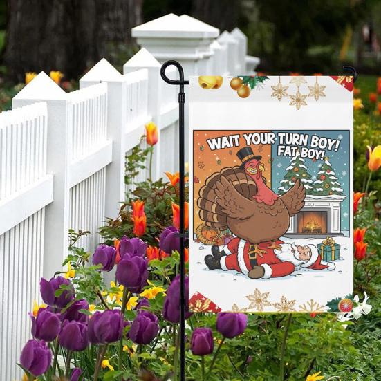 Wait Your Turn Fat Boys Garden Flag Funny Turkey Santa Claus Thanksgiving Christmas Hanging Banner for Outdoor Porch Yard Decor
