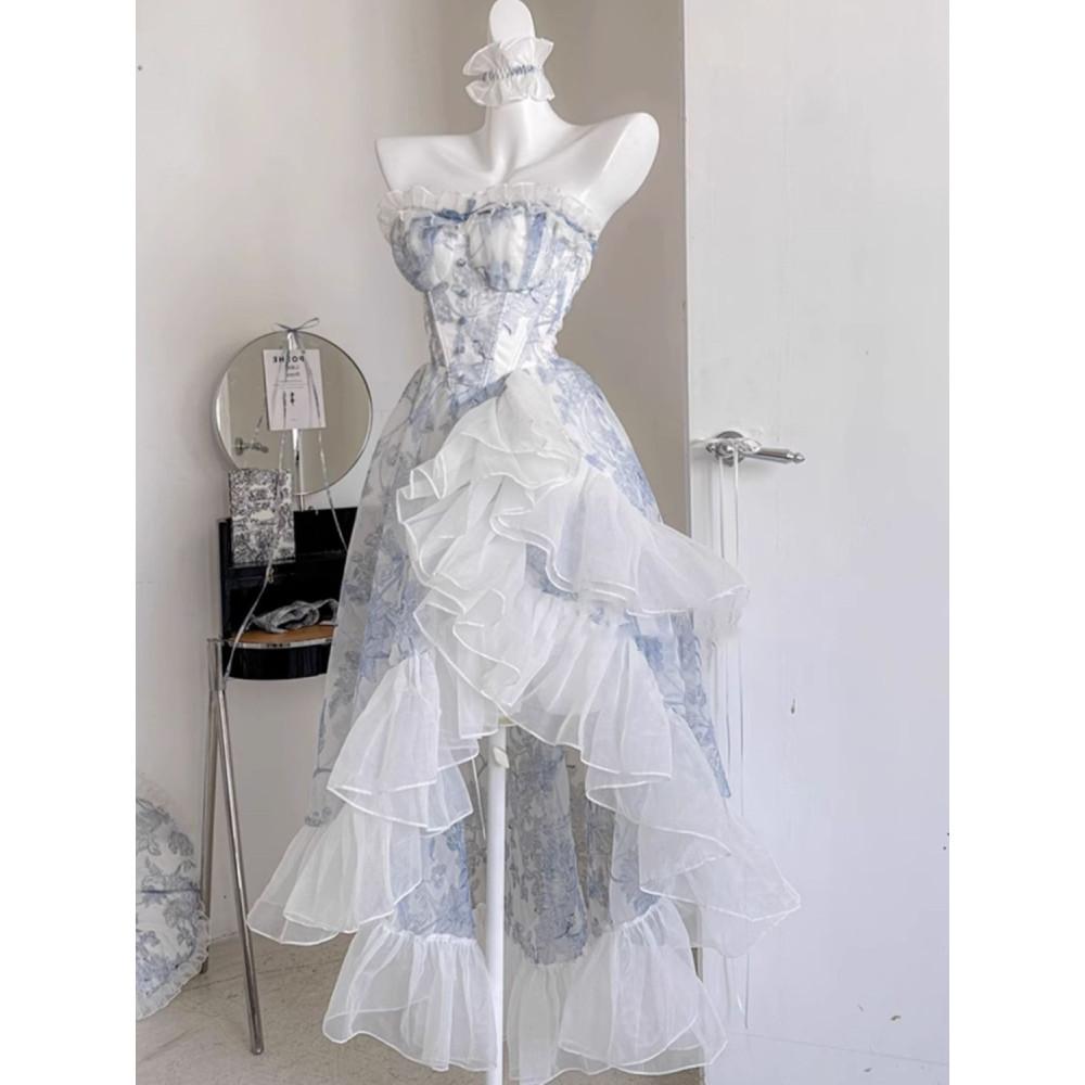 Синее платье-труба с цветочным принтом для женщин, летнее винтажное длинное платье принцессы